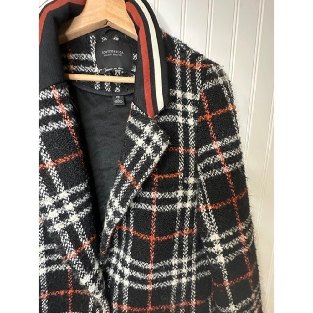 Scotch Soda Plaid Coat Women's Size S Black Orange White Wool Blend Jacket - Picture 3 of 14